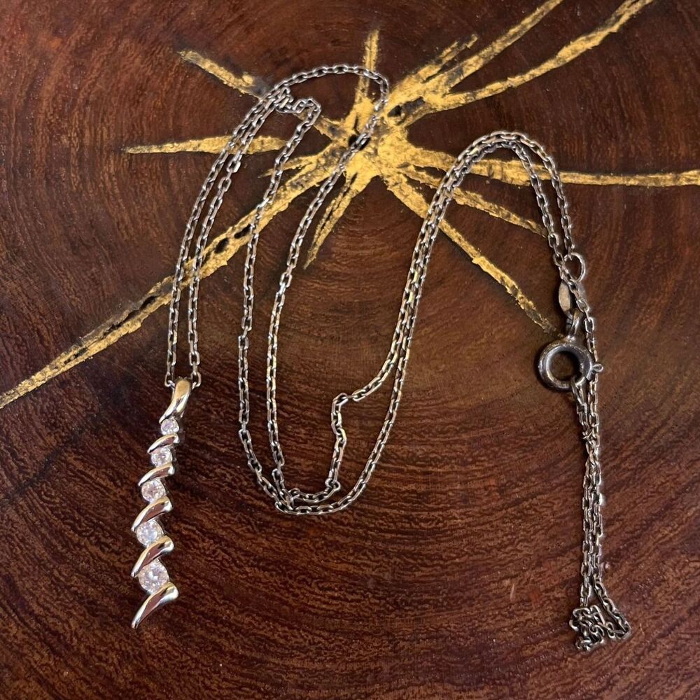 Vintage Sterling Silver Pendant Necklace with Rhinestones glam